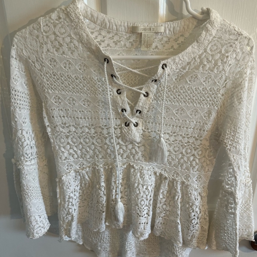 White Lace-Up Cropped Peplum Blouse